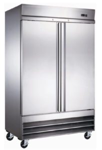 A stainless steel refrigerator with two doors and a bottom drawer.