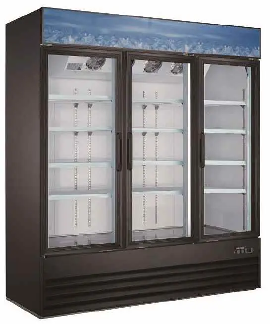 A large display freezer with three doors.