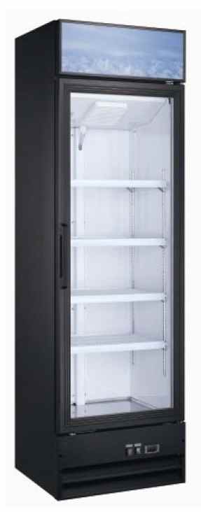 A black refrigerator with white shelves and doors.
