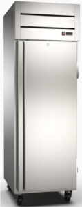 A stainless steel refrigerator with one door open.