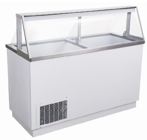 A white ice cream dipping cabinet with glass display.