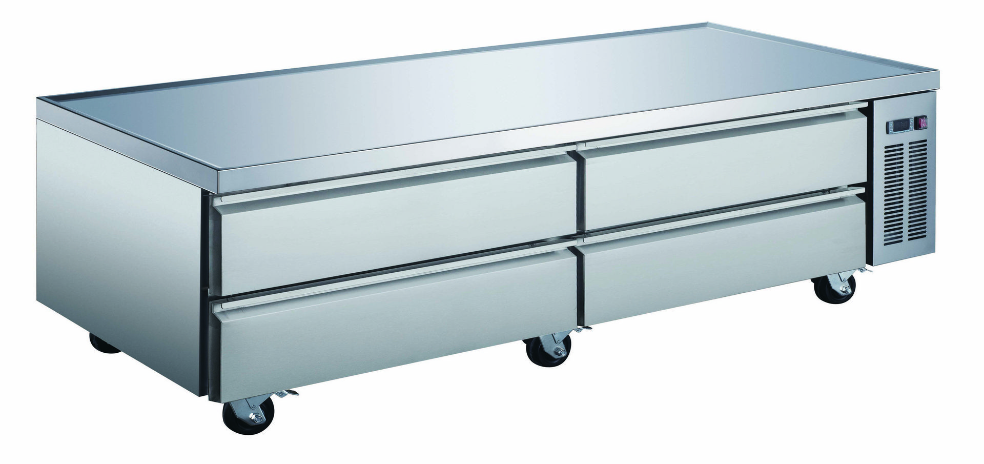 A stainless steel table with four drawers on the bottom.