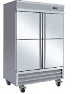 A stainless steel refrigerator with four doors.