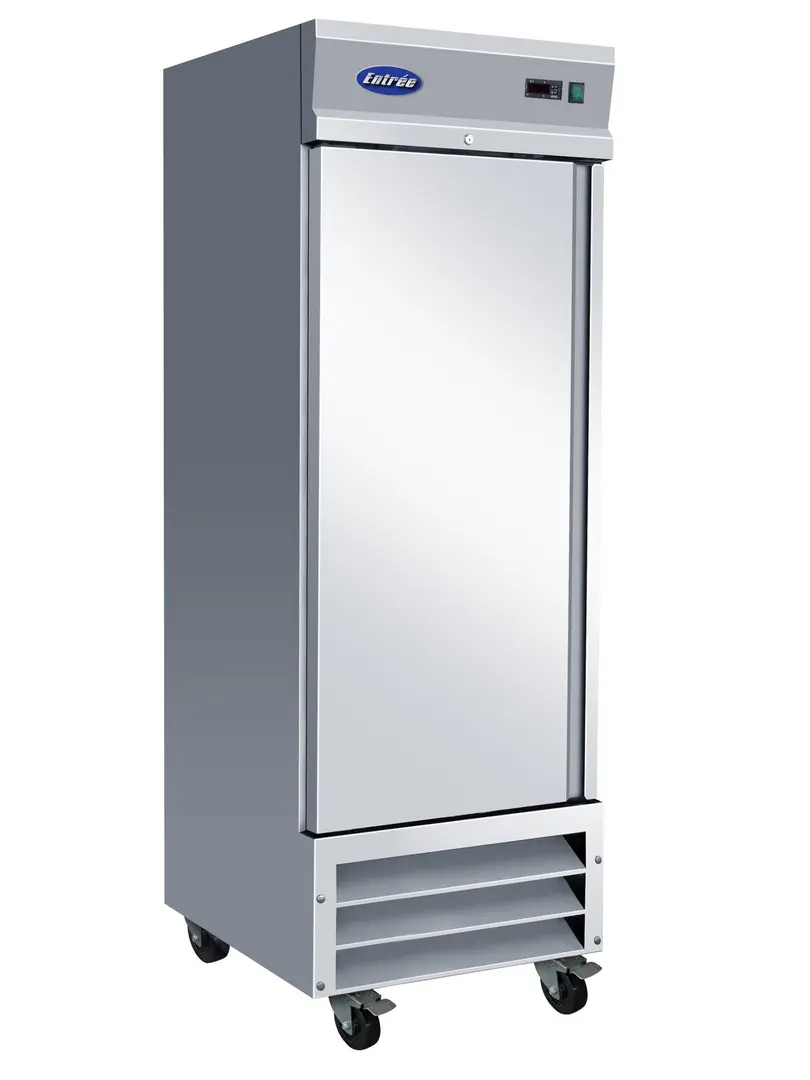 A stainless steel refrigerator with one door and two shelves.