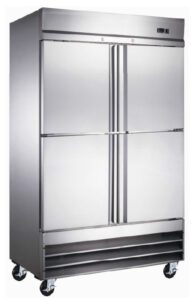 A stainless steel refrigerator with four doors.