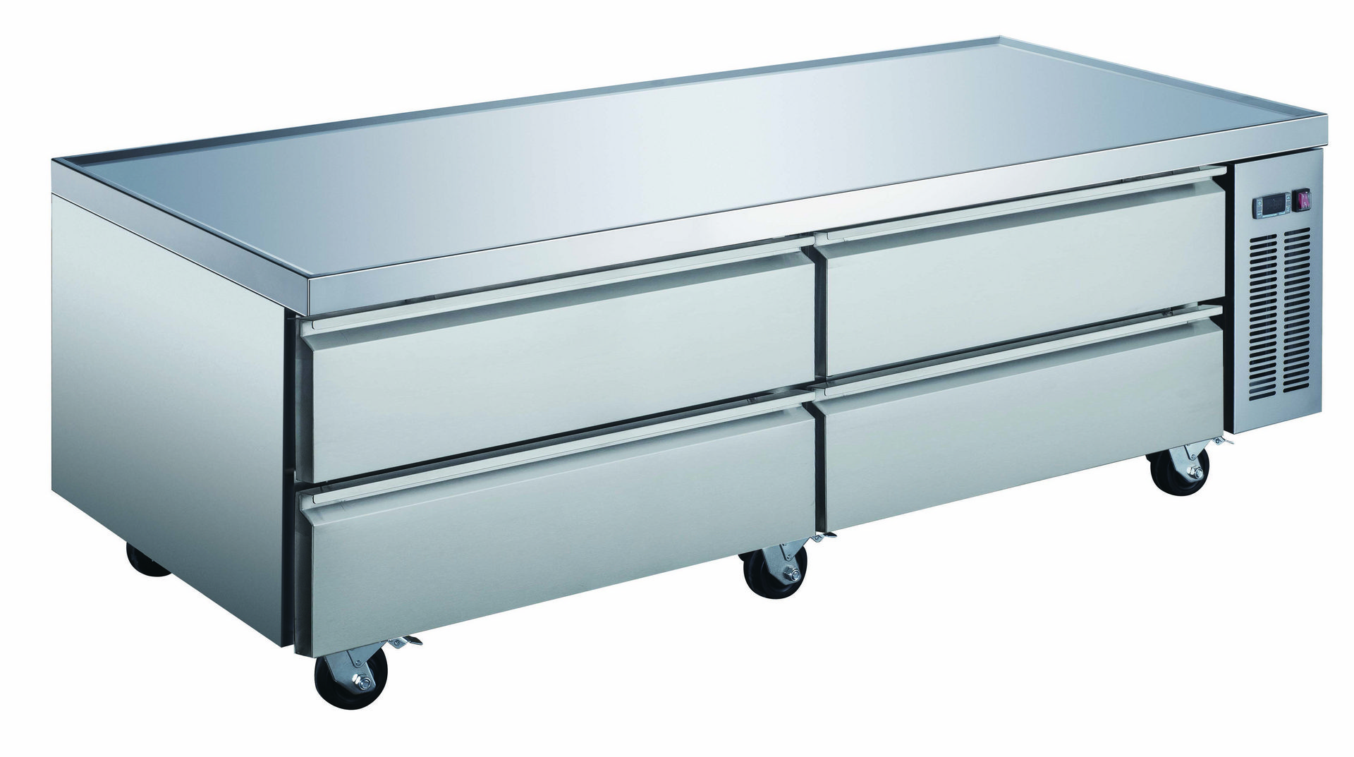 A stainless steel table with four drawers on it.