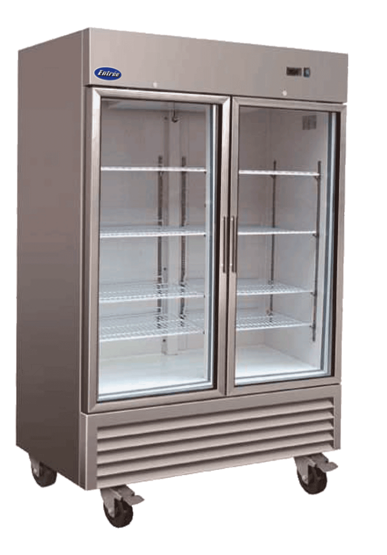 A large glass door refrigerator with two doors.