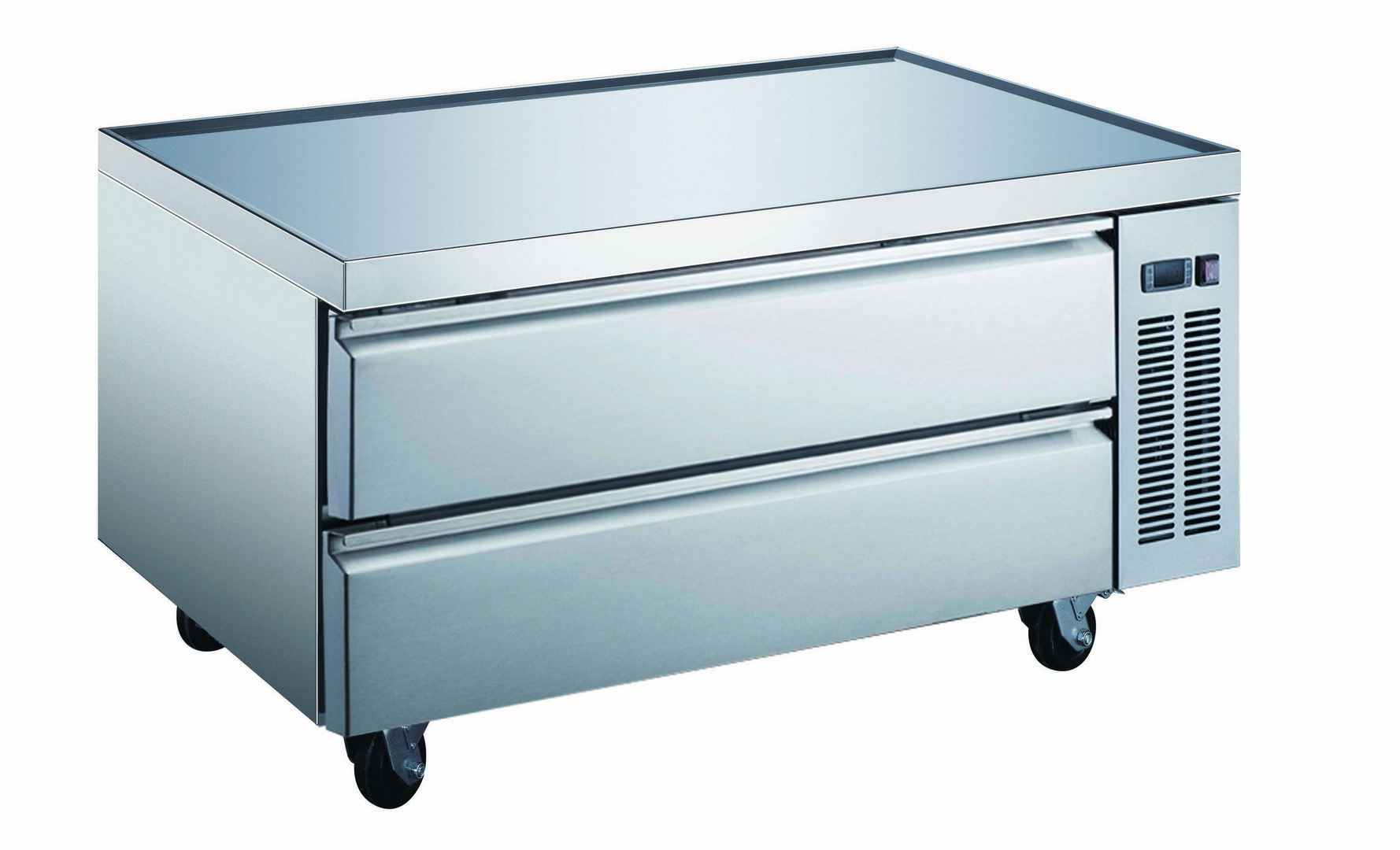 A stainless steel table with two drawers and wheels.