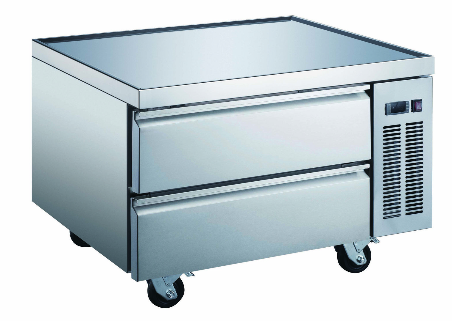 A stainless steel refrigerator with two drawers.