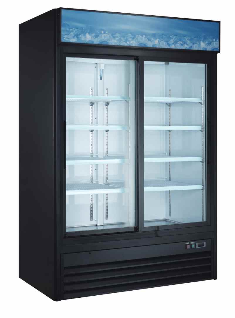 A black refrigerator with two glass doors and a blue light.