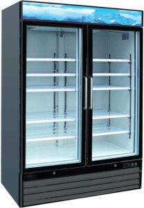 A double door refrigerator with shelves and lights.