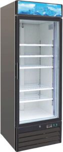 A large black refrigerator with many shelves.