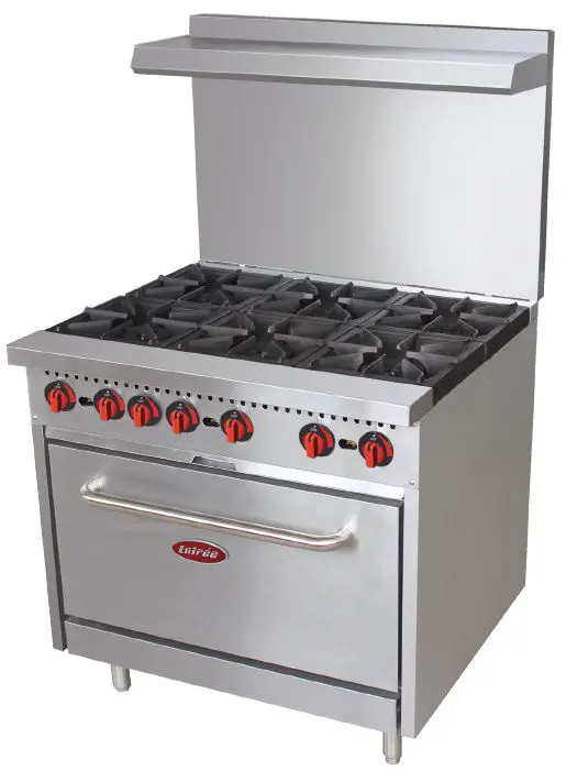A commercial stove with six burners and an oven.