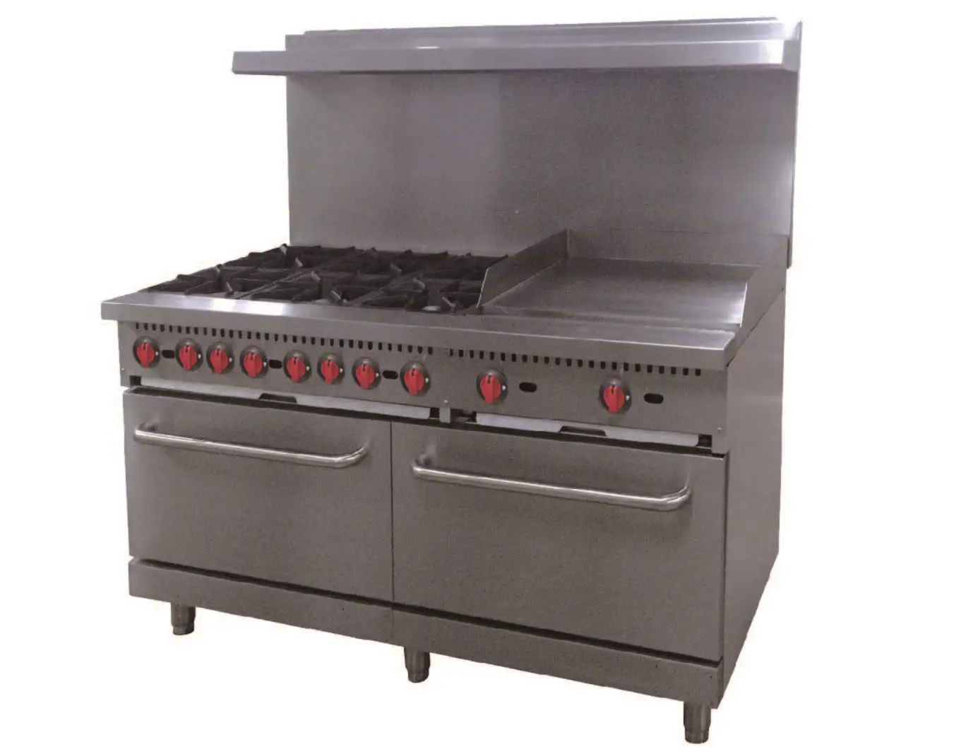 A large commercial kitchen stove with two ovens.