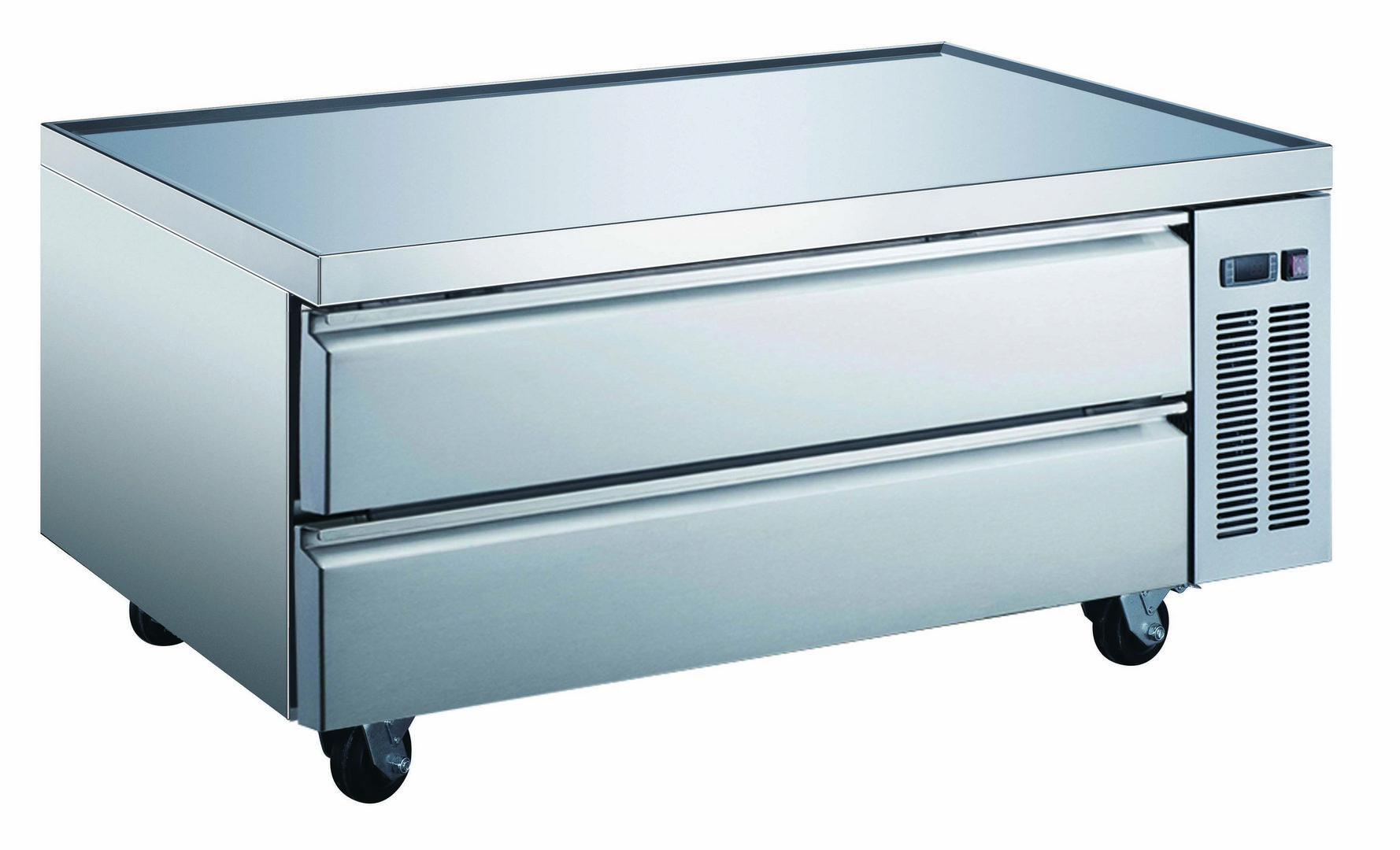 A stainless steel drawer on wheels.