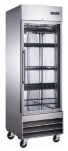 A large stainless steel cabinet with shelves and racks.