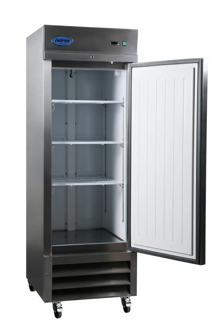 A stainless steel refrigerator with its door open.