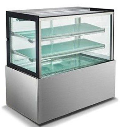 A large display case with three shelves.
