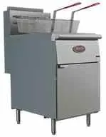 A deep fryer with a metal cabinet on the side.