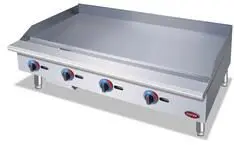 A large griddle with four burners on top of it.