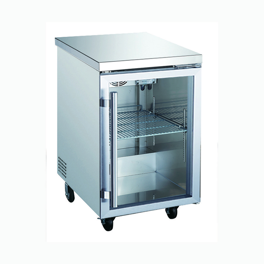 A stainless steel refrigerator with glass doors on top.