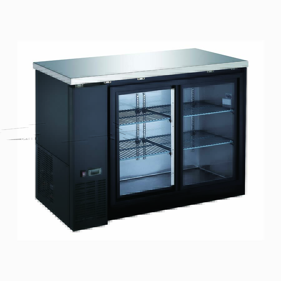 A black refrigerator with two glass doors.