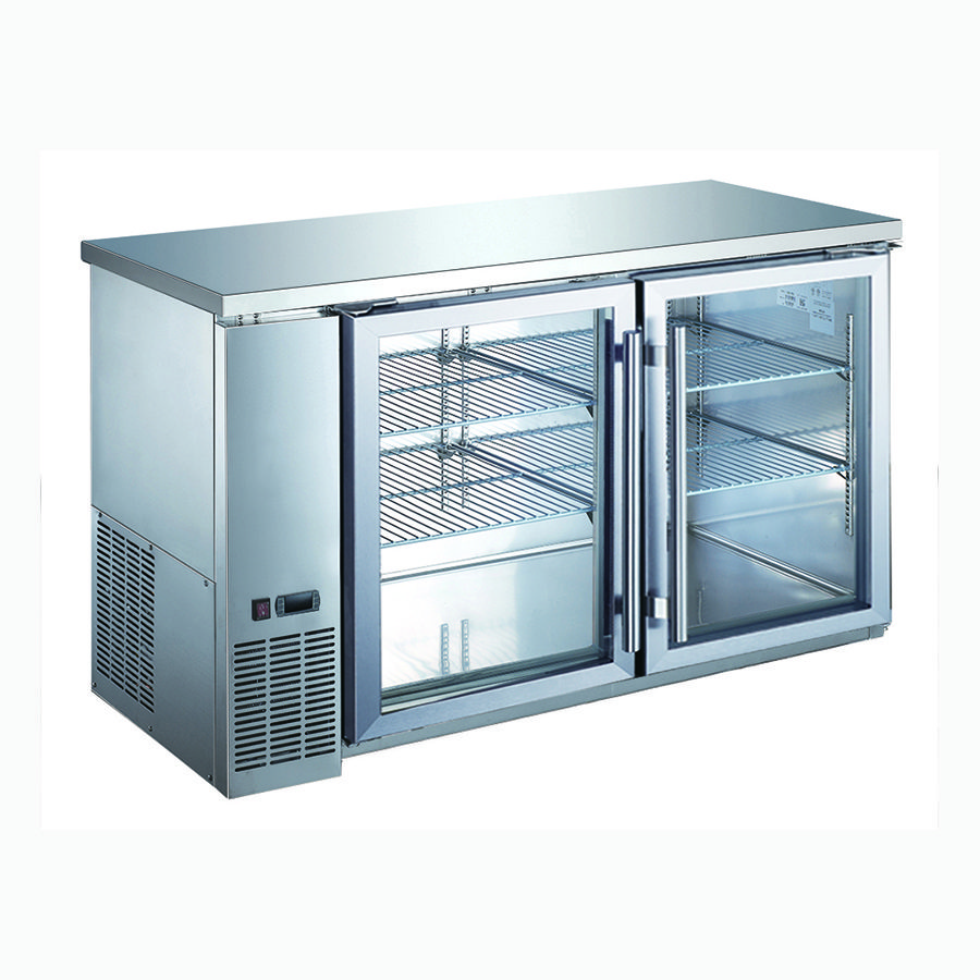 A stainless steel refrigerator with two glass doors.
