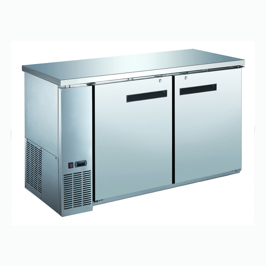 A stainless steel refrigerator with two doors.