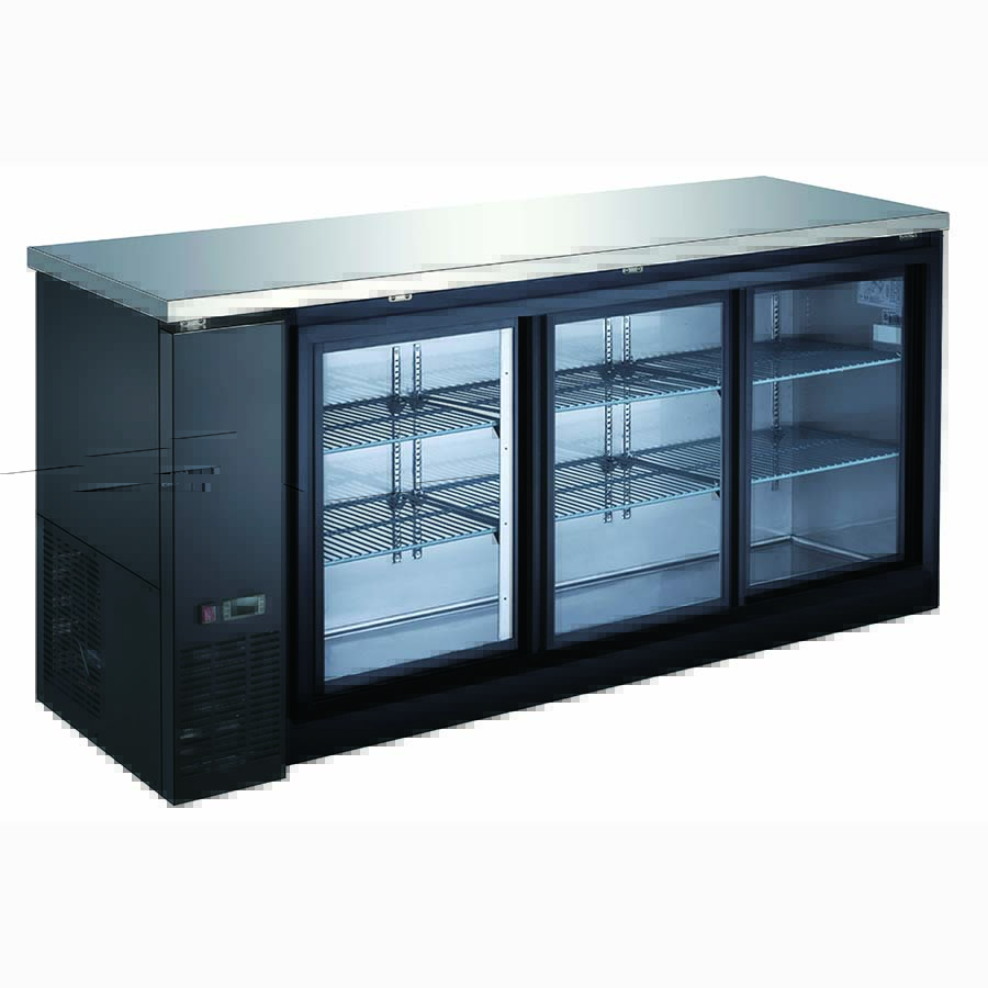 A black and silver refrigerator with glass doors.