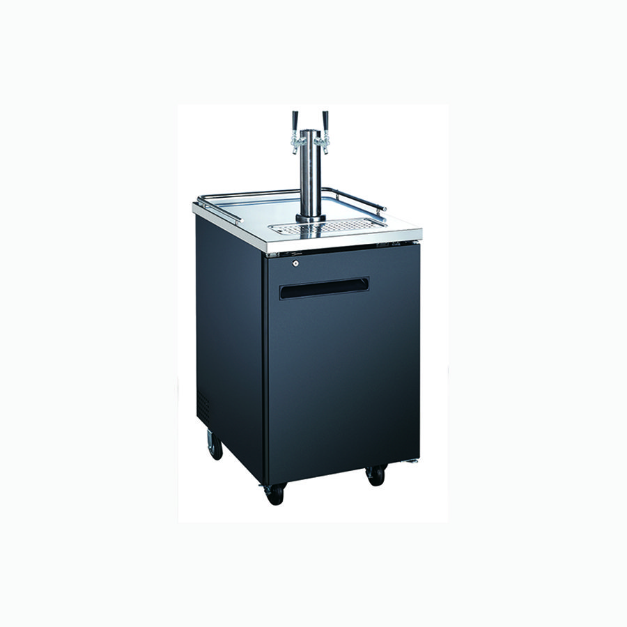 A black and silver kegerator with two taps.