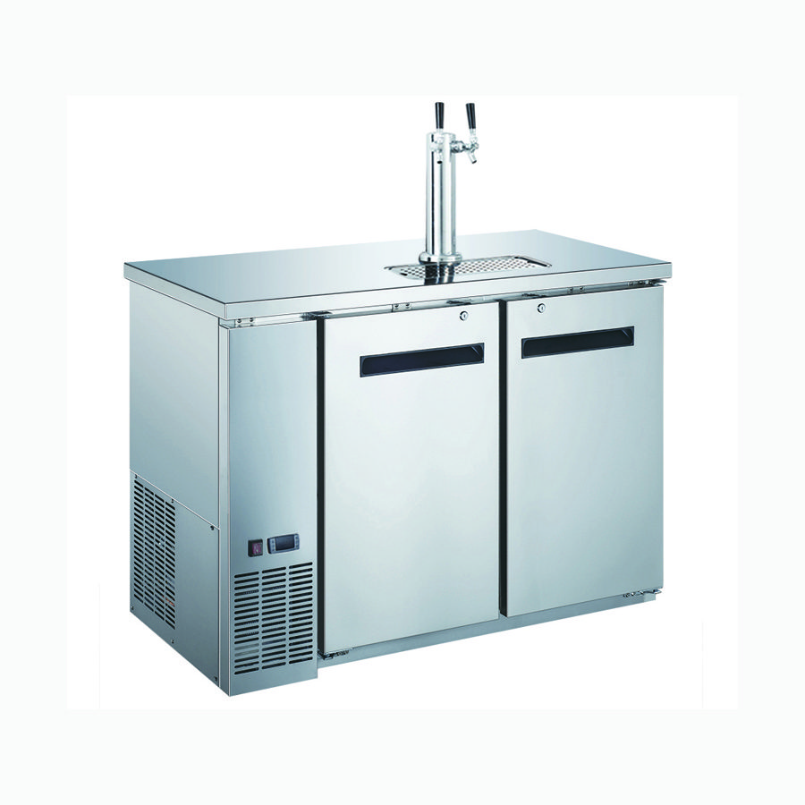 A stainless steel two door cooler with a double tap.