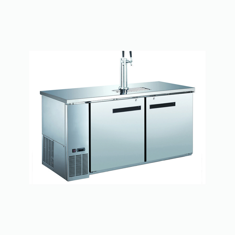 A stainless steel beer cooler with two doors and a large white tap.