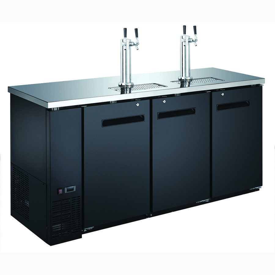A black bar with two stainless steel kegerators.