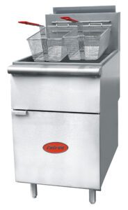 A commercial fryer with two baskets on the side.