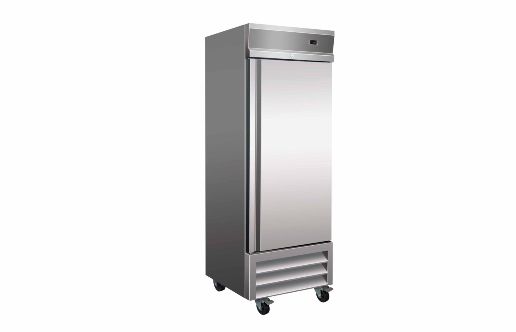 A stainless steel refrigerator with wheels and handles.