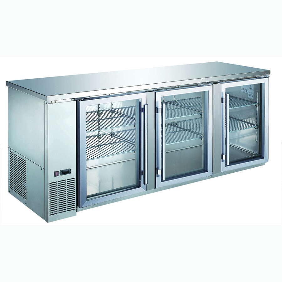 A stainless steel refrigerator with three glass doors.