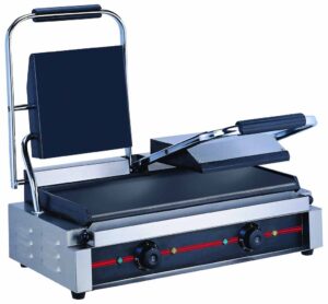 A grill with two burners and one side griddle.