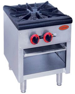 A commercial stove with two burners and one side burner.