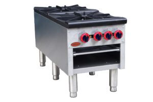 A commercial stove with four burners and two legs.