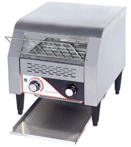 A toaster oven with a grill on top of it.