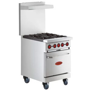A commercial range with a double oven and two burners.