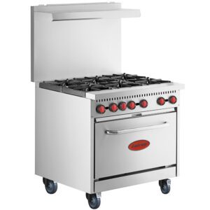 A commercial range with a 6 burner and oven.