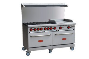 A double oven with two burners and one griddle.