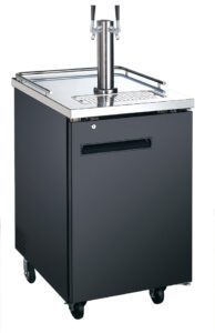 A black and silver kegerator with a stainless steel top.
