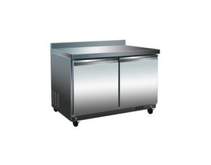 A stainless steel refrigerator with two doors and a counter top.