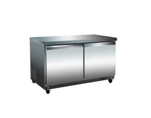 A stainless steel refrigerator with two doors.