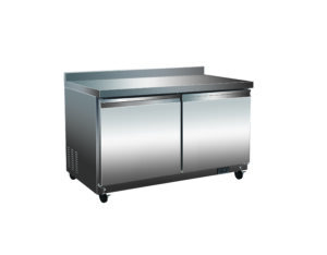 A stainless steel refrigerator with two doors and a counter top.