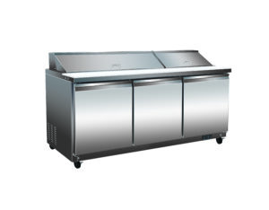 A stainless steel refrigerator with three doors.