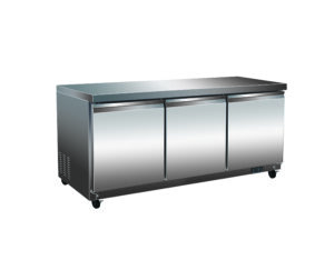 A stainless steel refrigerator with three doors.
