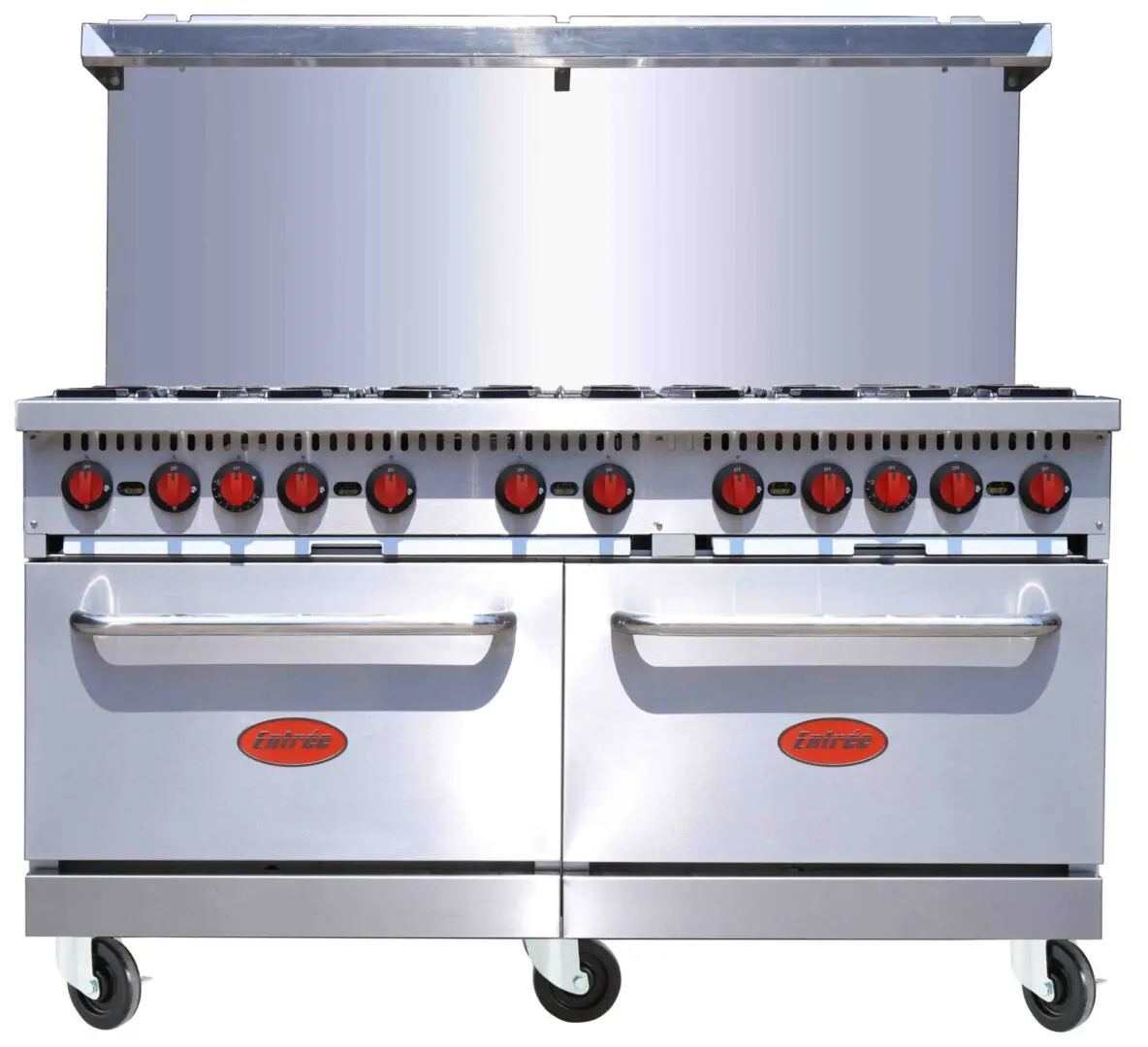 Stainless steel commercial range with oven.